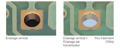 Éclairage vertical/Éclairage vertical + Éclairage par transmission Trou traversant (100×)