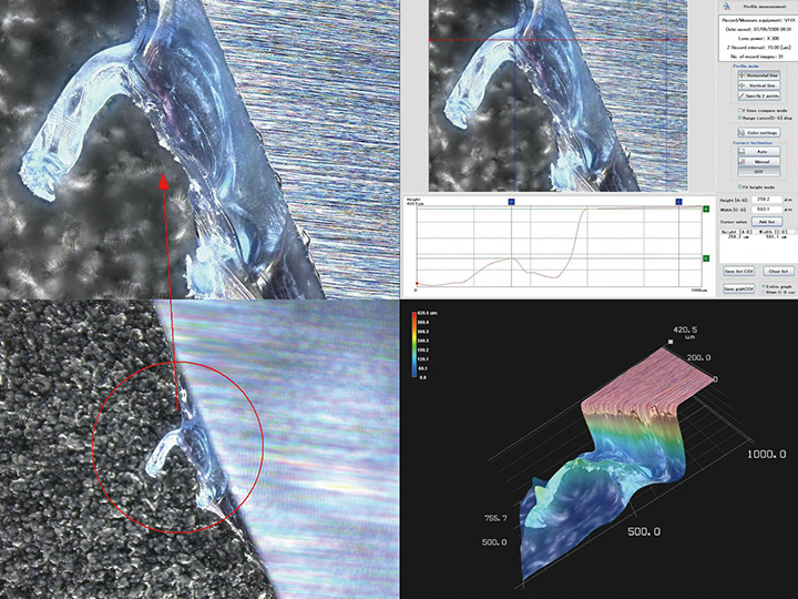 Observation avec inclinaison d’un bord défectueux (images sous faible/fort grossissement, mesure de forme 3D et mesure de profil)